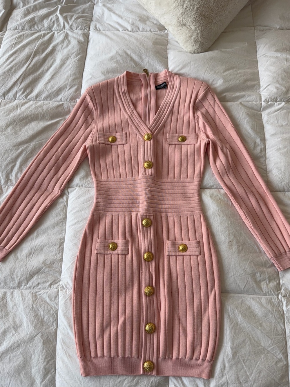 Balmain Pink Ribbed Long-Sleeve Button-Front Dress